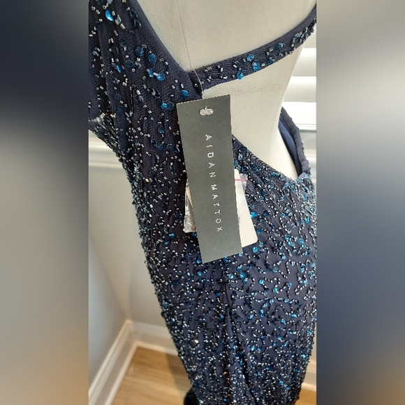 Aidan Mattox Navy Beaded & Sequin Full Length Sleeveless Gown NWT - Picture 3 of 13